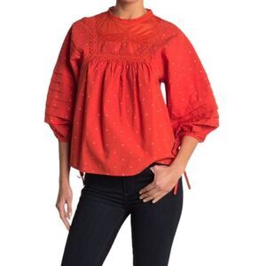 Ella Moss, Lyra Puffed Pintucked Sleeves Ties, Woven Peasant Top Women’s Medium